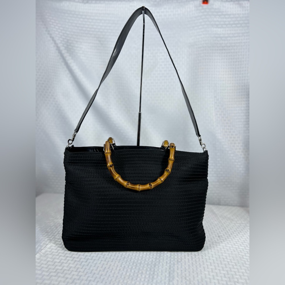 3180: Gucci Bamboo Handle Shoulder Tote Black Woven Nylon Vintage - Picture 2 of 11